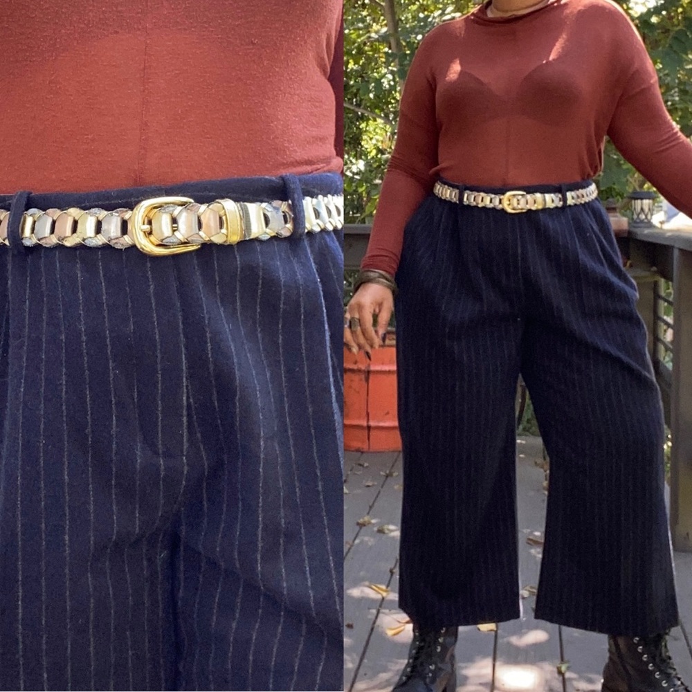 Boden Navy Pinstripe Pants with Gold Belt